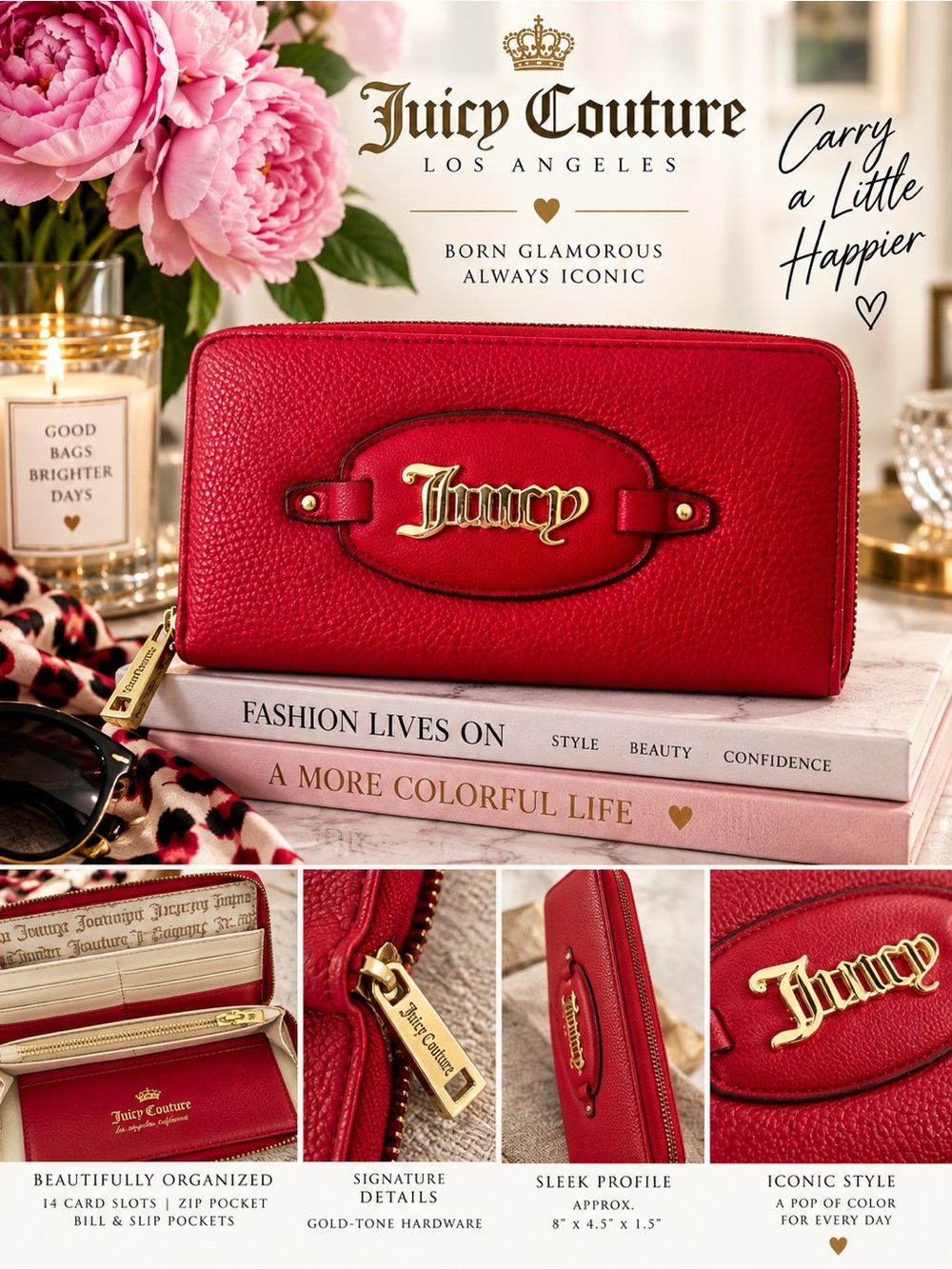 Juicy Couture Red Vegan Leather Large Zip-Around Wallet with Gold Logo